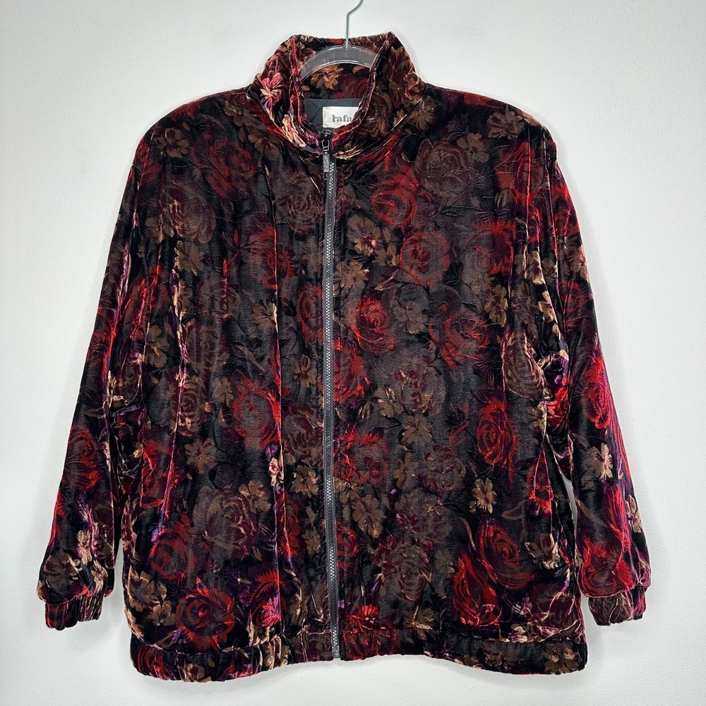 Vtg Velvet Puff Full Zip Jacket Size M‎ Black Red Floral